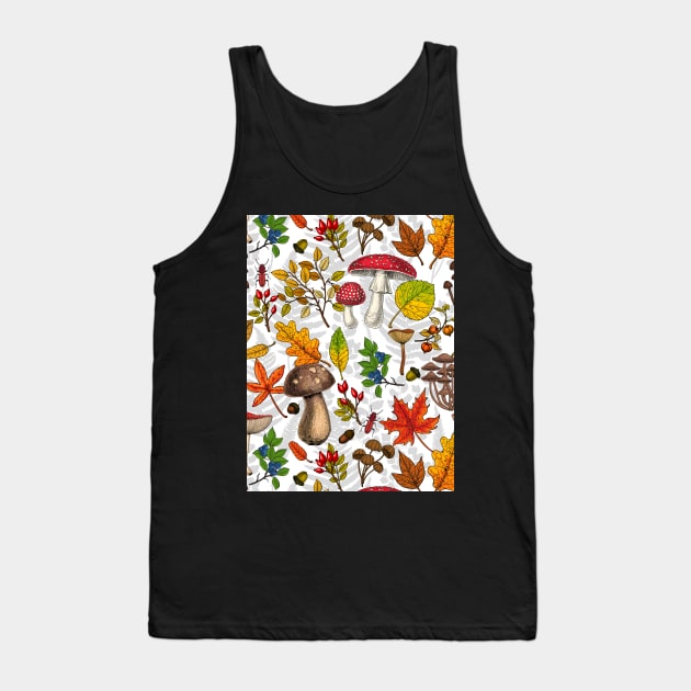 Autumn mushrooms, leaves, nuts and berries on white Tank Top by katerinamk